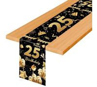 TaimeiMao Runner da Tavolo Per Il 25° Compleanno, Nero e Oro,180 x 35 cm | Dorato "Happy Birthday", Decorazione da Tavolo per Bambini e Bambine, Decorazione per Feste