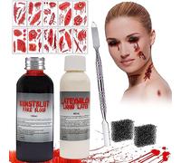 TaimeiMao Sangue Finto 100 ml e Lattice Liquido 60 ml per Halloween Trucco,Halloween Makeup Wax Fake Wound Cicatrici Makeup Set,Gel di Sangue Falso,con Spugna per Il Trucco e spatola
