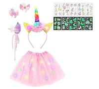TaimeiMao Set costume da unicorno illuminato, con tutù da unicorno, bastoncini luminosi in fibra di vetro, fasce per capelli, fermagli per capelli, tatuaggi unicorno, Solo dai 15 anni in su