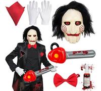 TaimeiMao Set Maschera di Halloween Saw Jigsaw con Maschera Horror Spaventosa, Guanti, Cravatta, Fazzoletto, Spray di Sangue Finto e Sega Gonfiabile. Cosplay di Halloween unisex