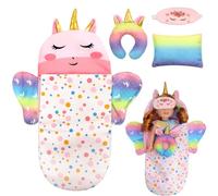 TaimeiMao Unicorno Sacco a Pelo Bambole con Maschera per Gli Occhi, Cuscino a forma di U e Cuscino Quadrato Sacco Nanna per Bambole da 25 a 38 cm, Regalo di Compleanno per Ragazze