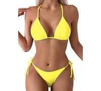 Tainehs - Bikini sexy da donna, con allacciatura al collo, perizoma, due pezzi, a triangolo, costumi da bagno, Giallo, S
