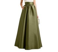 Tainrunse Gonna da donna a orlo largo svasata, linea A, autunnale, in finto raso, gonna lunga maxi a lunghezza terra, tinta unita, a vita alta, con tasche, elegante, vintage, casual, oversize, Verde