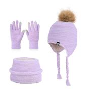 TAIOYHD Set Invernale da 3 Pezzi for Bambini: Berretto in Maglia Foderato in Pile, Sciarpa e Guanti Touchscreen for Bambini dai 4 ai 10 Anni (unisex, for Climi Freddi)(Viola)