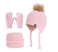 TAIOYHD Set Invernale da 3 Pezzi for Bambini: Berretto in Maglia Foderato in Pile, Sciarpa e Guanti Touchscreen for Bambini dai 4 ai 10 Anni (unisex, for Climi Freddi)(Pink B)