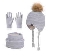 TAIOYHD Set Invernale da 3 Pezzi for Bambini: Berretto in Maglia Foderato in Pile, Sciarpa e Guanti Touchscreen for Bambini dai 4 ai 10 Anni (unisex, for Climi Freddi)(Grijs)
