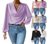 TAITUS Camicia a Maniche Lunghe in Chiffon con Scollo a V, Camicetta da Donna in Chiffon di Seta Drappeggiato,Camicie Eleganti in Chiffon Larghe con Drappeggio e Arricciatura sul Davanti (M,Purple)