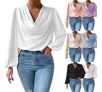TAITUS Camicia a Maniche Lunghe in Chiffon con Scollo a V, Camicetta da Donna in Chiffon di Seta Drappeggiato,Camicie Eleganti in Chiffon Larghe con Drappeggio e Arricciatura sul Davanti (M,White)