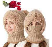 TAITUS Cappello Lavorato a Maglia da Donna in Autunno e Inverno, Cappello 3 in 1 Resistente al Freddo, Berretto Caldo Invernale da Donna, Cappello Sciarpa Antivento con Maschera per Il Viso (Khaki)