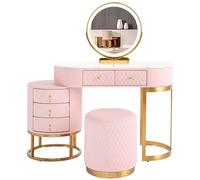TAITUTE Set da toeletta con 3 specchi a LED e sgabello, set da toeletta con sgabello imbottito e 5 cassetti, tavolo cosmetico in legno per camera da letto, donne e ragazze, tavolo da trucco per la
