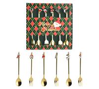 TAIYOU 6 cucchiai di Natale in acciaio inox, dorati, forchetta cucchiaino da dessert, forchetta da dolce, set di posate con confezione regalo