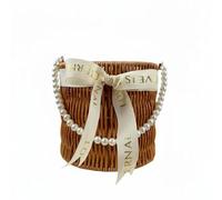TAIZhiChen Cesto Intrecciato con Manico Stile Rustico Paniere Regalo Multiuso Cesto Portafiori Decorativo per Matrimonio, Feste, Picnic, Cesto Rotondo Con Catena Di Perle E Nastro