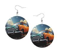 Take A Trip In The Car - Orecchini rotondi in pelle PVC stampata su entrambi i lati, con ganci placcati in argento 925, taglia unica, argento Sterling e pietra dorata, One Size, Argento sterling