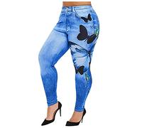 Take Idea Pantaloni da donna in jeans, taglia grande, stampa a farfalla, per il tempo libero, elasticizzati, a vita alta, senza cuciture, pantaloni in tessuto morbido, traspiranti, per attività