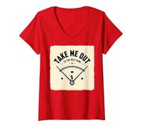 Take Me out to The Ball Gioco Retro Baseball Maglietta con Collo a V, Donna, Rosso, M