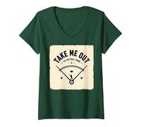 Take Me out to The Ball Gioco Retro Baseball Maglietta con Collo a V, Donna, Verde Foresta, XL