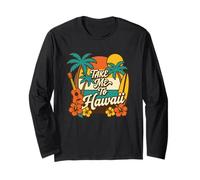 Take Me To Hawaii - Ukulele da Surf con Palme e Tramonto retrò Maglia a Manica