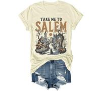 Take Me to Salem Camicia Retro Vintage Spooky Stagione Halloween Cat Witch Graphic Tees Autunno Casual Manica Corta Top, Colore: giallo crema., XXL
