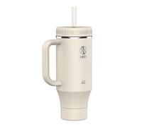 Takeya Bicchiere con cannuccia con manico, per caffè, acqua e altro ancora, durevole, con sottobicchiere in silicone integrato e 2 cannucce, doppio isolamento in acciaio inox, 1180 ml, latte d'avena