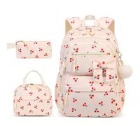 Takingup Zaino in ciliegia, set da 3 pezzi Zaino carino in velluto a coste con borsa per i pasti e astuccio per ragazze e donne, beige per ragazze