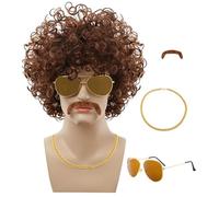TAKONE - Parrucca da uomo anni '80, set da 4 pezzi, baffi, occhiali da sole, collana dorata, per costumi da bagno, carnevale e feste a tema