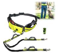 TAKSIN - Guinzaglio da passeggio per due cani con mani libere + guinzaglio da allenamento + supporto per dolcetti + dispenser per sacchetti per cacca + tasca per telefono + portabottiglie (cani di