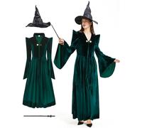 Takuvan Costume da strega da professore da donna in velluto verde scuro vestito da mago taglie forti costume per Halloween cosplay