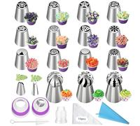 TAKUZA Sac à poche con beccucci, 32 beccucci russi, grandi in acciaio inox, sacchetto da pasticcere in silicone riutilizzabile, accessorio adattatore 3 colori in 1, per decorazione torte