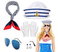 TaleMoon Costume Marinaio Donna, 5 Pezzi Set Cappello Marinaio e Sciarpa a Righe, Berretto da Marinaio, Festa per Donne e Uomini, Accessorio per Costume
