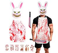 TaleMoon Maschera Coniglio Horror,Halloween Sanguinosa Maschera Bunny,Machete,Grembiule,Macchie di Sangue Adesivi,Halloween Costumi,Horror Costume Maschere per Cosplay Party Adulti