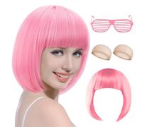 TaleMoon Parrucca Caschetto Rosa,Parrucche Donna Corta con Frange,Parrucca Pink Corta,Parrucca Carnevale Set con Occhiali e 2 Cappuccio Parrucca Gratuito