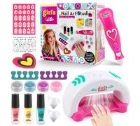 talifoca Set per nail art per bambine e ragazze, 6-12 anni, kit fai da te con smalto a base d'acqua, asciugacapelli, separatori per dita, 3 smalti, glitter, adesivi e accessori per nail art