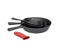 TALK-POINT Set di 4 padelle per barbecue in ghisa, rotonde, in 3 misure, con beccuccio e manico in silicone, per forno, barbecue, tutti i piani cottura, compresi quelli a induzione