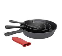 TALK-POINT Set di 4 padelle per barbecue in ghisa, rotonde, in 3 misure, con beccuccio e manico in silicone, per forno, barbecue, tutti i piani cottura, compresi quelli a induzione