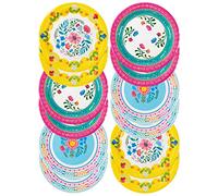 Talking Tables Confezione da 12 piatti di carta usa e getta con motivo floreale bohémien, per tema hawaiano, picnic estivi, barbecue o feste di compleanno per bambini, 23 cm, giallo, rosa, blu