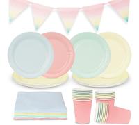 Talking Tables Pastel Party Decorations for 16 Guests, Birthday, Afternoon Tea, Party Supplies, Baby Shower, Paper Plates, Disposable Napkins, Paper Cups, Table Cover, Rainbow Party