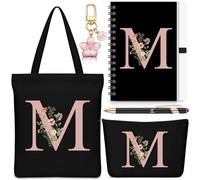 Talltalk 5 pezzi personalizzati da donna, borsa tote con iniziale, borsa per il trucco, portachiavi, quaderno, penna a sfera, regalo con alfabeto per donne (nero, lettera M)