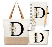 Talltalk 5 pezzi personalizzati da donna, borsa tote con iniziale, borsa per il trucco, portachiavi, quaderno, penna a sfera, regalo con alfabeto per donne (bianco, lettera D)