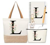 Talltalk 5 pezzi personalizzati regali da donna, borsa tote con iniziale, borsa per il trucco, portachiavi, quaderno, penna a sfera, regali con alfabeto per donne (bianco, lettera L)