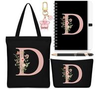 Talltalk 5 regali personalizzati da donna, borsa tote con iniziale, borsa per il trucco, portachiavi, quaderno, penna a sfera, regali con alfabeto per donne (nero, lettera D)
