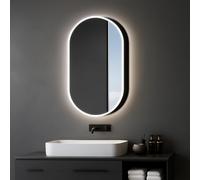 Talos Armadietto a specchio con illuminazione ovale, 45 x 80 cm, colore nero, con 2 ripiani, in alluminio, pannello posteriore a specchio