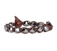 Tamashii bracciale 1 giro originale tibetano linea diamond cut realizzato con pietra naturale da 8 mm ematite e cordoncino marrone.Unisex.Tg unica.BHS911-22