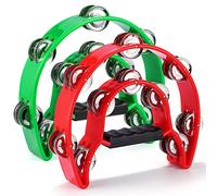 Tamburello a doppia fila, confezione da 2 tamburelli da 25,4 cm per adulti, strumento musicale a mezza luna con 20 sonagli in metallo, percussioni manuali per feste, chiesa, KTV, rosso e verde