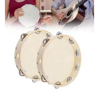 Tamburello in legno, 2 pezzi, tamburello tenuto in mano da 15,2 cm, per feste in chiesa con pelle di pecora, sonagli a fila singola, percussioni musicali educative per adulti