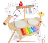 Tamburo Bambino in Legno, 7 in 1 Set Strumenti Musicali per Bambini con Xilofono, Batteria Giocattolo Montessori, Giochi Legno Regalo per Bambina e Bambino 3 4 5 Anni
