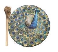 Tamburo dello sciamano, design decorativo del pavone, tamburo dello sciamano con bacchetta, strumento di guarigione del suono dello sciamano, simbolo dello spirito del tamburo siberiano