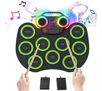 Tamburo elettronico per bambini,9 pastiglie,set di tamburo elettronico arrotolabile con luci colorate per 8 ore di riproduzione con altoparlante integrato bacchette in legno/2 peda