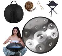 Tamburo Handpan Da 56cm In D Minor 432 Hz/440 Hz Handpan Drum 9/10/12 Note Percussioni Armoniche Hand Pan Per La Produzione Audio Yoga, Con Mazze Handpan(Color:Argento,Size:12 Notes(440HZ))