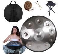 Tamburo Handpan Da 56cm In D Minor 432 Hz/440 Hz Handpan Drum 9/10/12 Note Percussioni Armoniche Hand Pan Per La Produzione Audio Yoga, Con Mazze Handpan(Color:Argento,Size:10 Notes(440HZ))