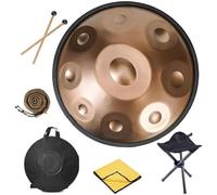 Tamburo Handpan in Acciaio Nitrurato 22 Pollici, Strumento da Viaggio Durevole 10 Note Re Minore, Drum con Custodia Morbida, Supporto(Oro,440HZ/9Note)